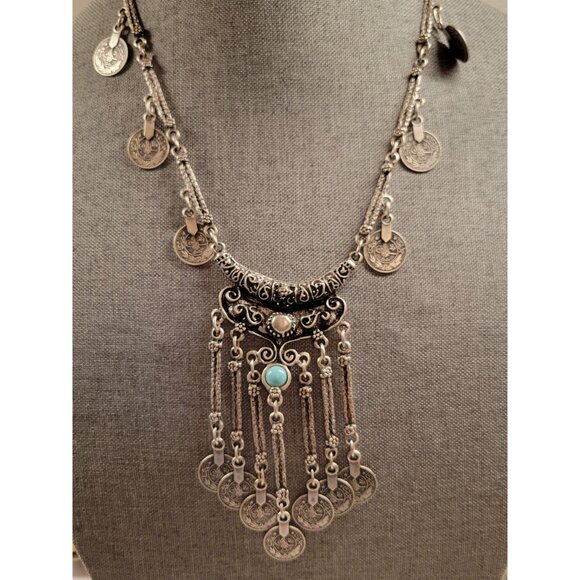 Vintage Pewter Coin Necklace 22" Bohemian Style Gypsy Jewelry - Picture 7 of 7